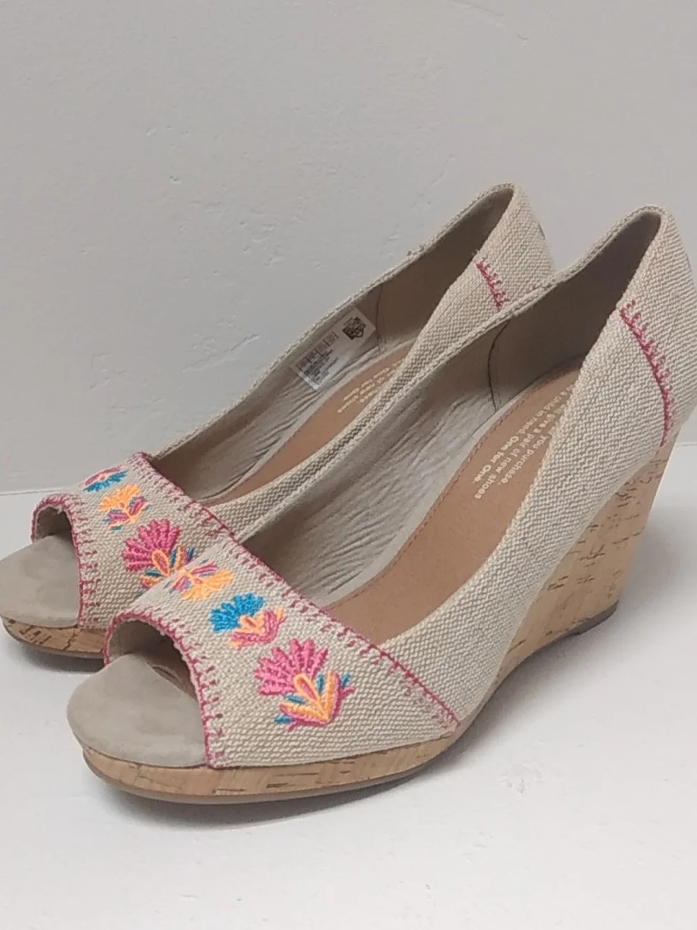 TOMS Beige Peep-Toe Wedge Sandals with Pink & Blue Embroidery